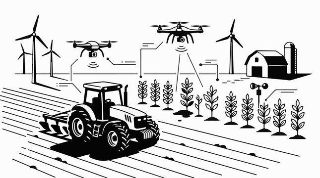 Modern farm with tractor drones windmills and crops