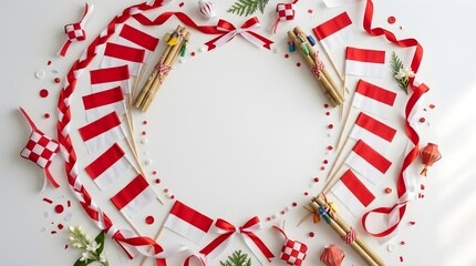 Obraz premium Indonesian flag decorations form a circular frame for national celebrations.
