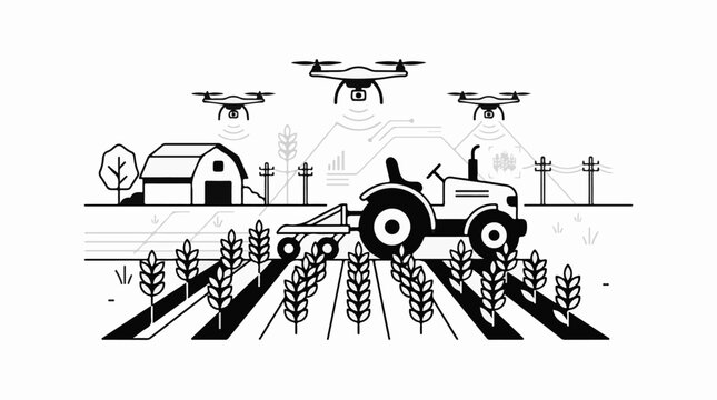 Modern farm with tractor drones and barn illustrating agricultural technology