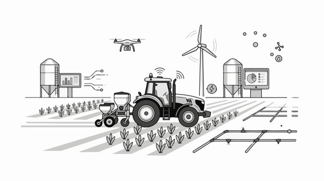 Modern farm technology tractor drone wind turbine smart irrigation and data