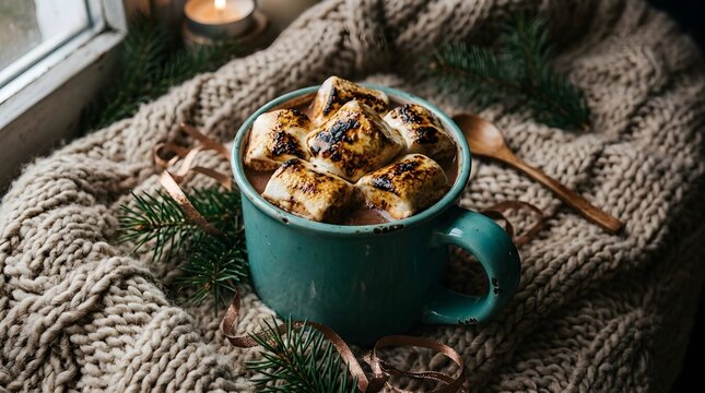 Hot chocolate in a green mug sits on a cozy knitted blanket near a window.