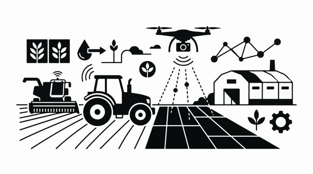 Modern farm technology with drone tractor and combine harvester