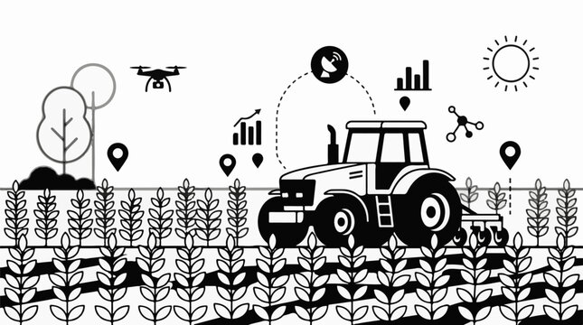 Modern farm technology with drone tractor and data analysis