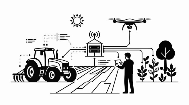 Modern farm technology with drone tractor and human interface