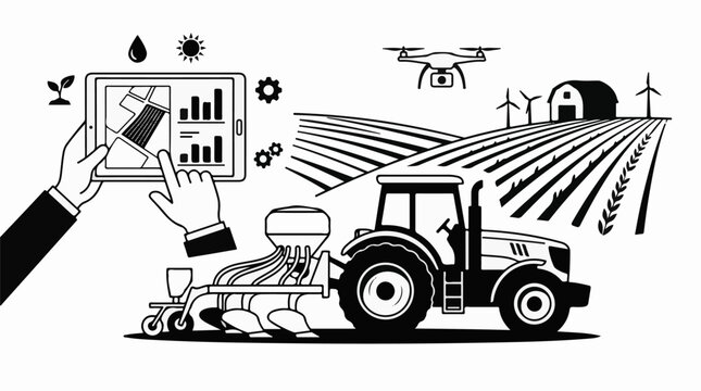 Modern farm technology with tractor drone tablet and fields