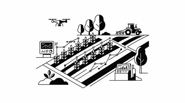Modern farm uses drone tractor and data for efficient crop growth