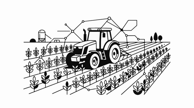 Modern farm tractor in a field with digital network lines
