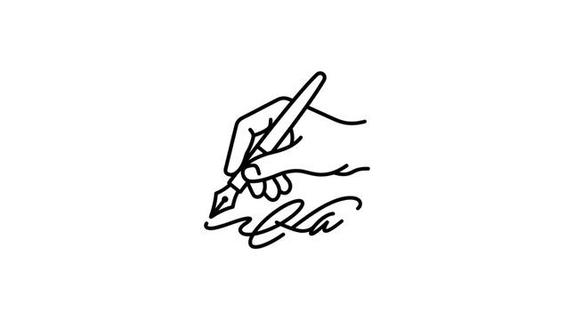 Hand with Quill Pen Writing Signature Line Art