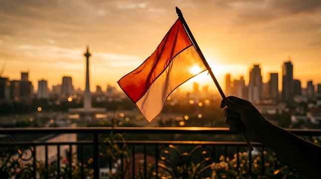 Hand raises a red and white flag against the golden sunset over the cityscape.