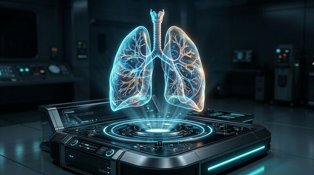 Holographic lungs visualization suspended above futuristic medical scanner emitting blue light in dark clinical environment showing detailed respiratory system anatomy