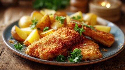 Fototapeta premium Fried fish fillet with roasted potato served on plate. Homemade crispy breaded seafood dish with herbs. Delicious rustic meal for lunch or dinner healthy culinary food photography.