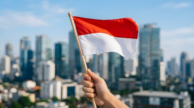 Indonesian flag waves proudly against a blurred background of city buildings.