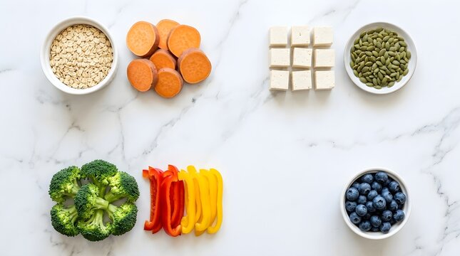 Bowls of healthy raw vegetables and grains are arranged neatly on a stone table.