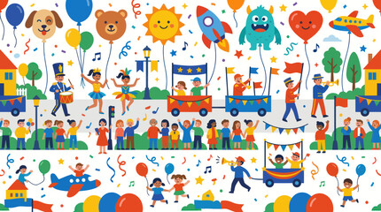 Naklejka premium Cute Cartoon Kids Parade with Balloons, Music, and Festival Floats Flat Style