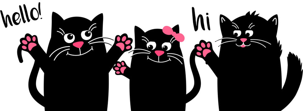 Hello. The cute cat is sitting. with expressive eyes and a playful pose. A black cat and a kitty. Vector animation illustration in a flat style.