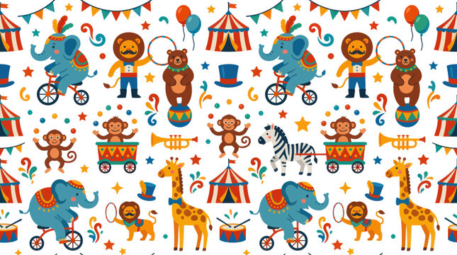 Cute Circus Animals Seamless Pattern Flat Vector Illustration