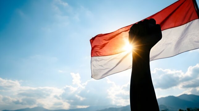 Fist raised high in the air holding a national flag during a sunny morning time.