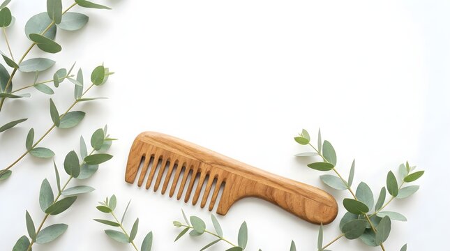Comb made of light wood rests gracefully amidst fresh green eucalyptus sprigs.