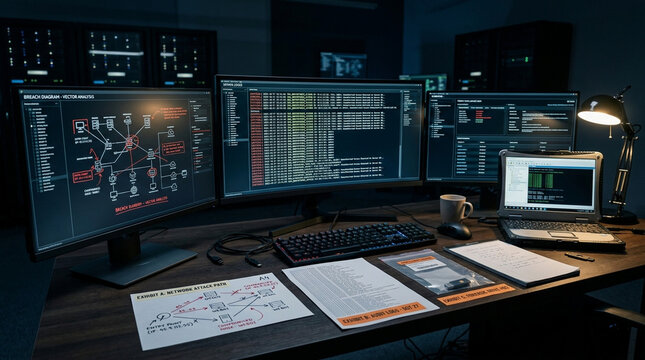 Breach analysis desk with server logs printed diagrams evidence cybersecurity investigation setup with multiple monitors laptop keyboard mouse and documents under focused lighting