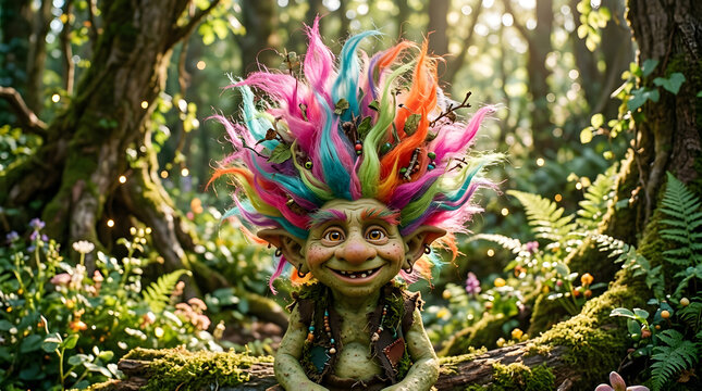 A whimsical and vibrant fantasy troll with an explosion of multi-hued hair sits smiling in an enchanting, sunlit magical forest, embodying playful woodland charm and folklore wonder