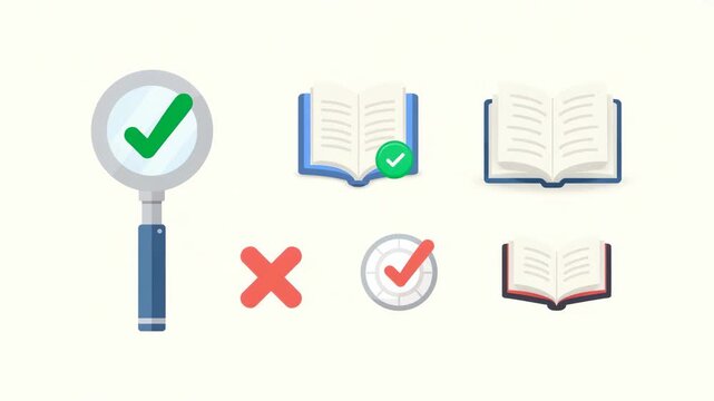 A set of colorful, vector icons representing search tools and research concepts, including a magnifying glass, books, and check marks, perfect for educational or informational design themes.
