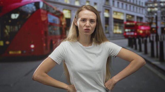 Woman hands on hips in white t shirt with puckered lips and closed eyes, standing before red double decker bus on a street; defiance.