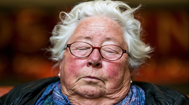 Elderly woman with eyes closed and flushed cheeks resting peacefully indoors.