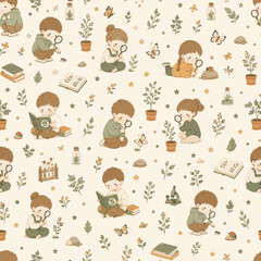 Fototapeta premium Premium Scandinavian Seamless Pattern with Cute Little Children Exploring Nature, Magnifying Glass, Plants, Butterflies and Science Elements, Hand Drawn Nursery Vector Illustration