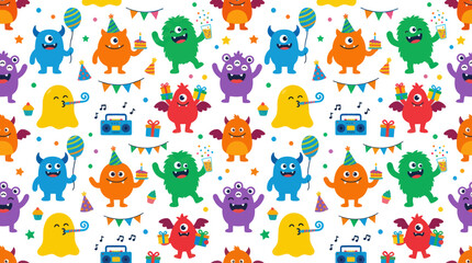 Obraz premium Cute Flat Cartoon Monsters Party Seamless Pattern Illustration for Children's Birthdays and Celebrations