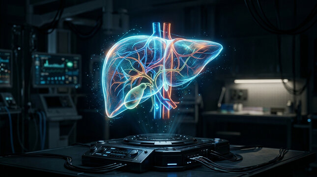 Holographic projection of human liver with bile duct and blood vessels glowing in medical laboratory setting with advanced technology and dark background