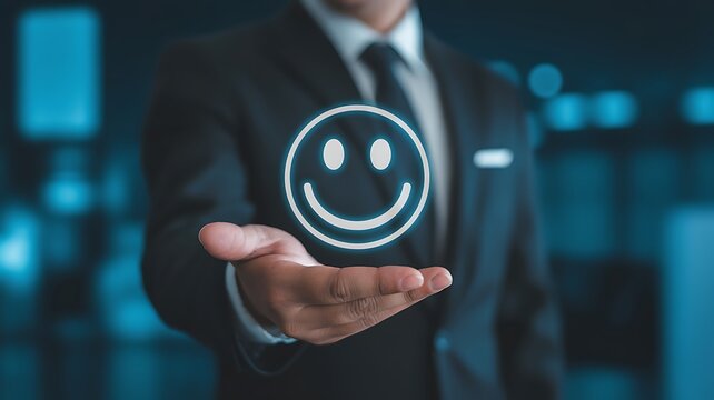 Businessman hand holding glowing digital smiley face icon, positive mental health wellness concept and customer satisfaction happiness emotion feedback in blurred blue corporate background.