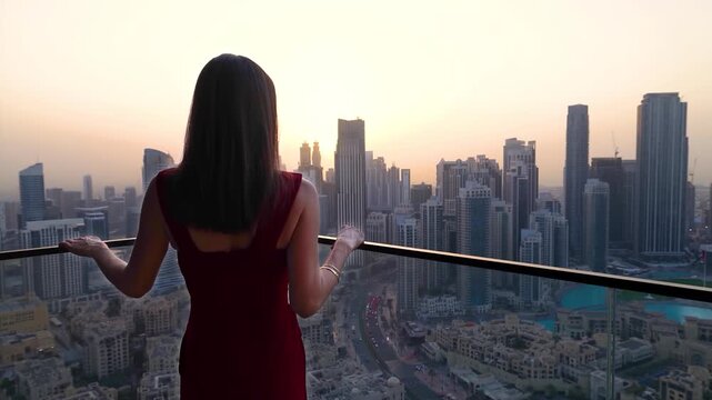 Rear view of a beautiful woman in a red dress looking from her balcony at the urban skyline of Downtown Dubai, UAE, during sunset time