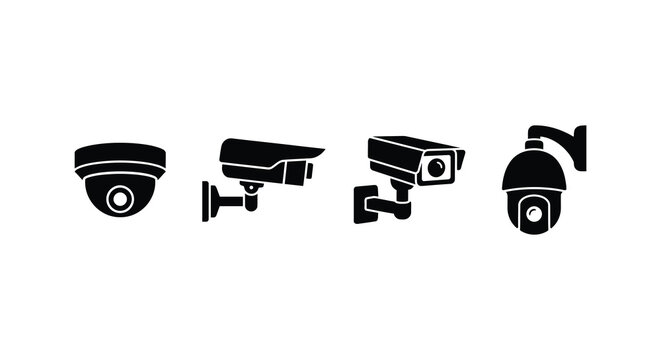 Four security camera silhouettes in a black and white flat style showcasing various designs cameras surveillance monitoring protection