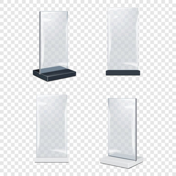 Blank clear acrylic table tent. Half turned, front view. Vector mockup. Double sided transparent sign holder. Realistic mock-up. QR code, promo poster, menu display counter stand. Template for design