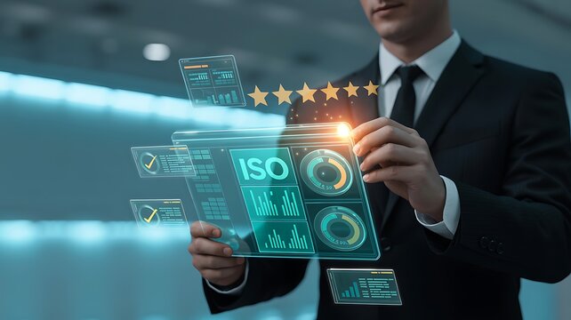 Businessman inspecting digital iso certification standard for quality assurance compliance. Virtual management control system guaranteeing excellence. Business inspection data with 5 star approval. 