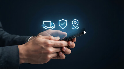Obraz premium Hands holding smartphone with logistics icons. Digital tracking and delivery service concept.