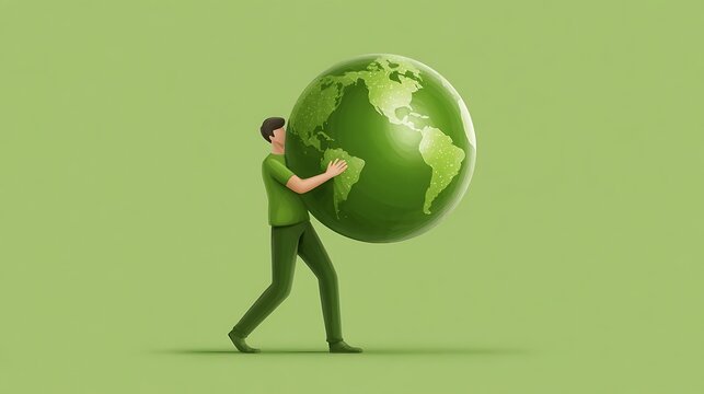 Person holding a large green apple with a worm emerging from it on green background