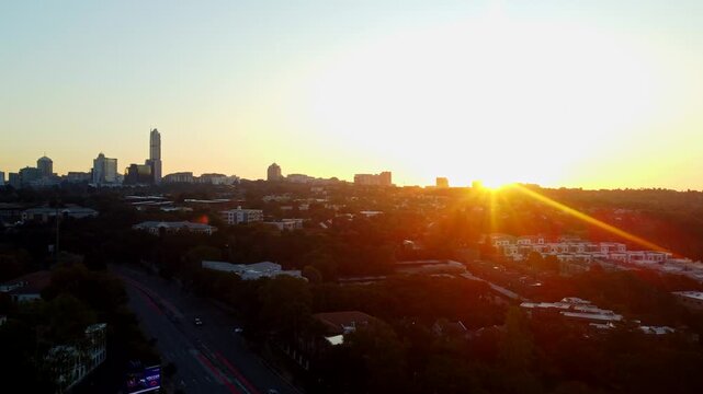 Drone view of Sandton at sunset