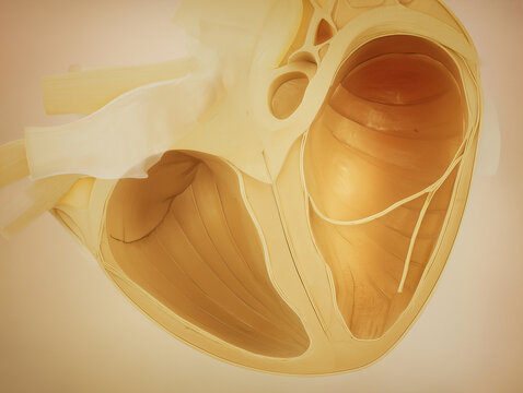 Heart valve cusp cutaway with chordae tendineae in warm amber gold tones on cream background