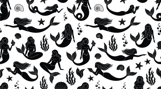 Mermaid Silhouette Seamless Pattern with Sea Shells and Ocean Seaweed Elements for Creative Fabric Wallpaper Designs