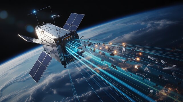 Futuristic AI satellite scanning Earth orbit with advanced sensors and beams of light, monitoring and tracking space debris to ensure safe navigation in outer space. 