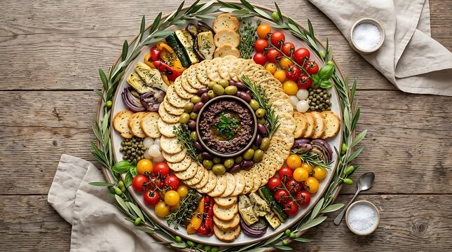 Delicious charcuterie board with sliced meat cheese and fresh vegetables on a rustic wooden table top. Tapenade appetizer platter