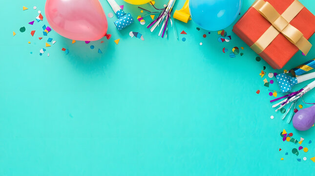 Birthday Party Background with Balloons Confetti and Gift Box | Celebration Flat Lay Banner | Festive Holiday Top View | Party Decor with Copy Space