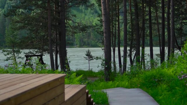 A cinematic wide shot with a camera smoothly moving forward along a wooden pathway at a riverside resort towards the turquoise Katun river behind a pine forest in Chemal.