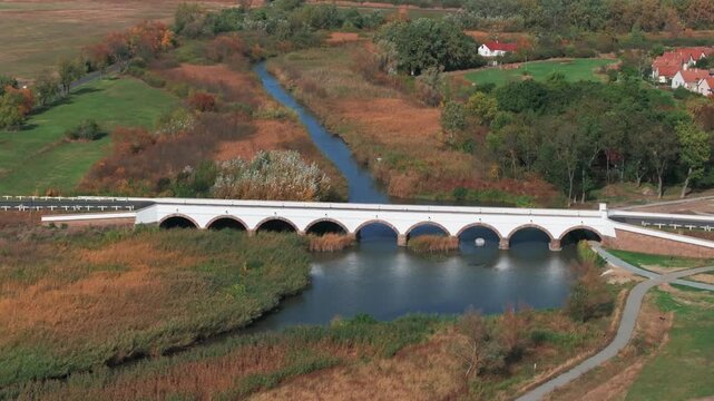 Nine Hole Bridge in Hortobagy aerial view 4K