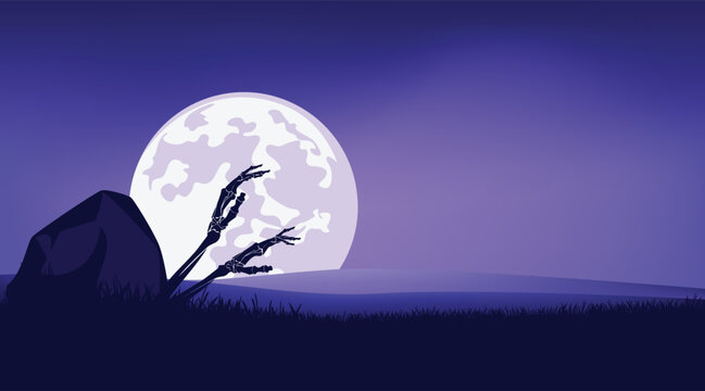 two skeleton zombie hands raised from under the ground and grave stone at night under full moon - halloween spooky theme copy space vector background
