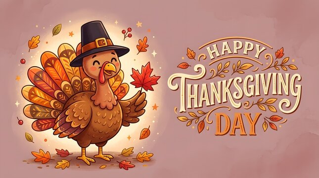 A cute cartoon turkey wearing a pilgrim hat holding an autumn leaf with decorative lettering celebrating the annual holiday thanksgiving day event