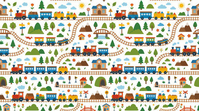 Children's Flat Cartoon Trains and Railway Tracks Seamless Pattern. Cute Locomotives and Landscape Elements Vector.