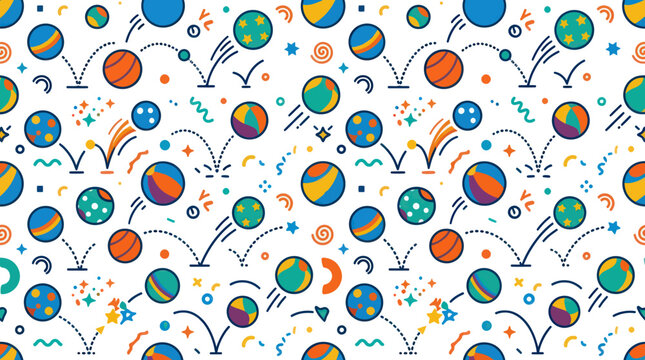 Vibrant Playful Bouncing Balls and Confetti Abstract Flat Vector Seamless Pattern Background