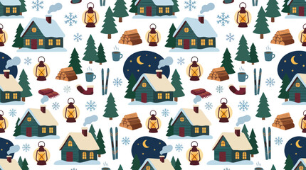Fototapeta premium Cozy Winter Scene Seamless Pattern: Houses, Lanterns, Snowflakes, Flat Design